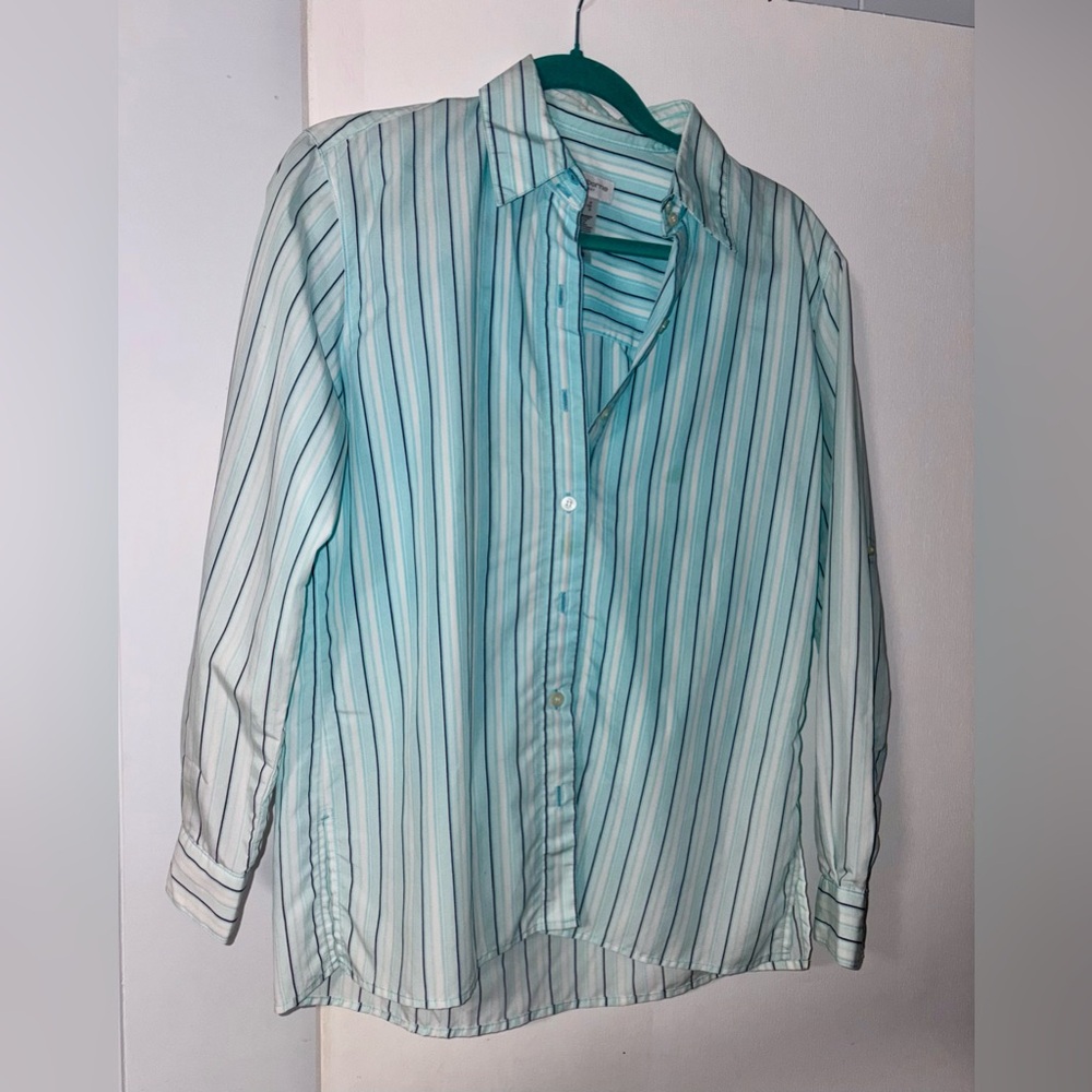 Liz Claiborne women Aqua white, blue, Striped Button Down Shirt